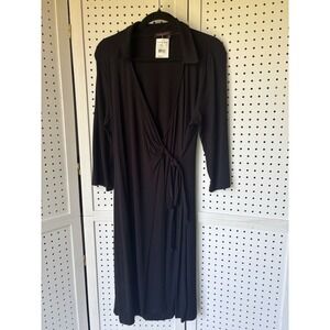 fresh produce Black Wrap Midi Dress with Collar